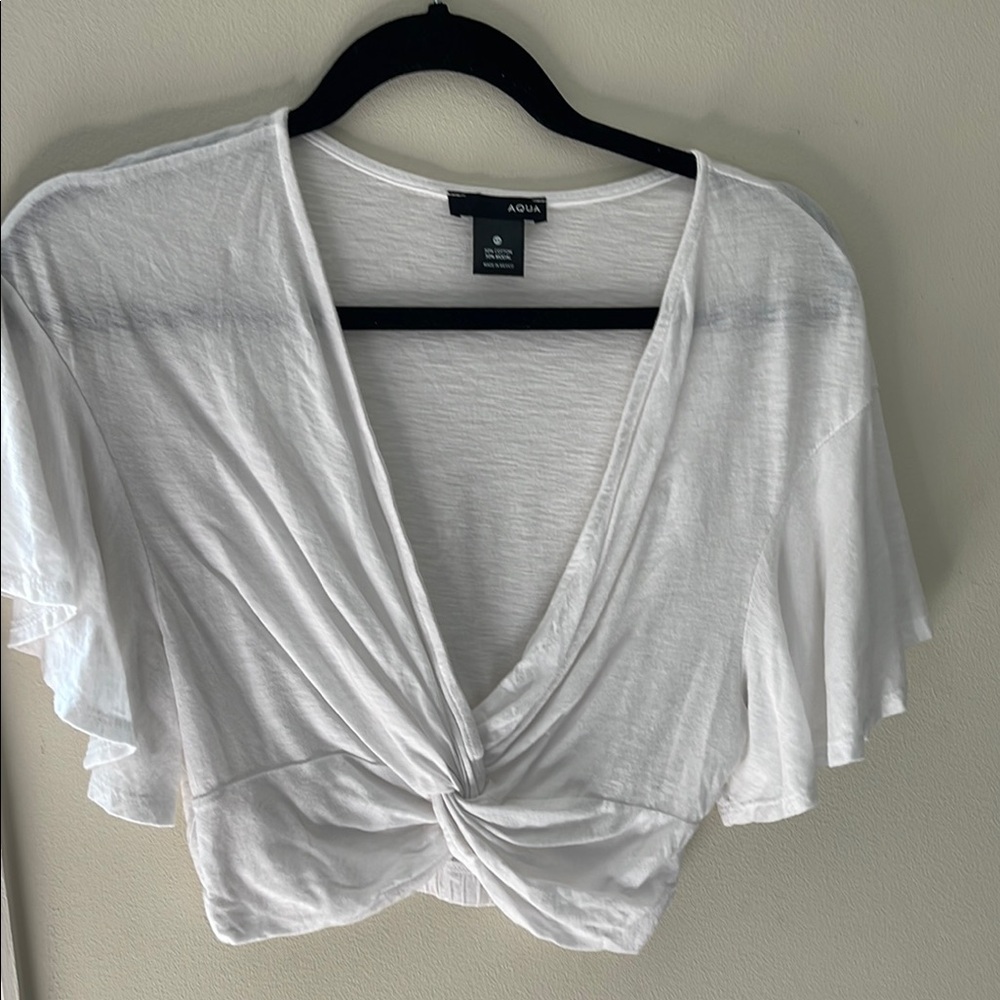 Aqua White Twist-Front Women's Top